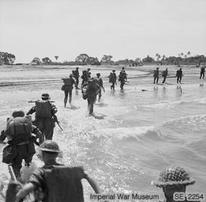 The first wave of assault troops land at Ramree Island